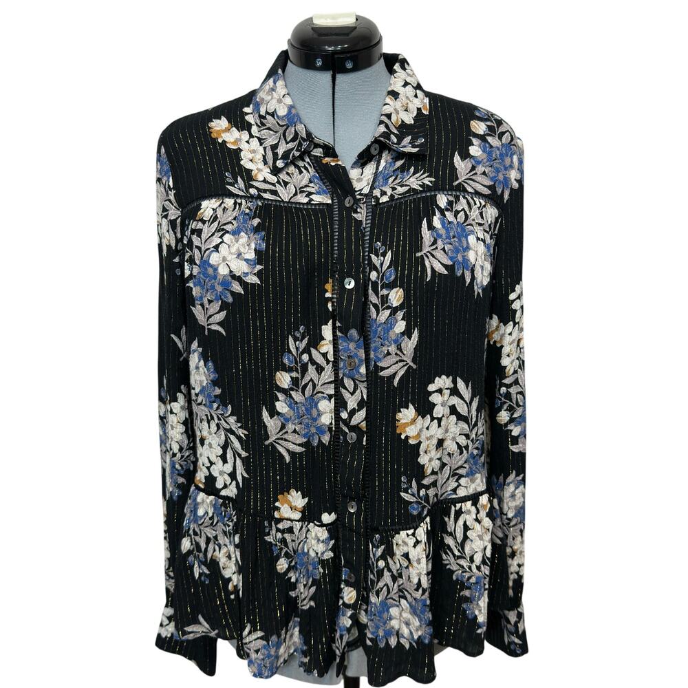 Miss Me Viscose Floral Button Up Long Sleeve Drop Waist Peplum Hem Blouse Sz: L